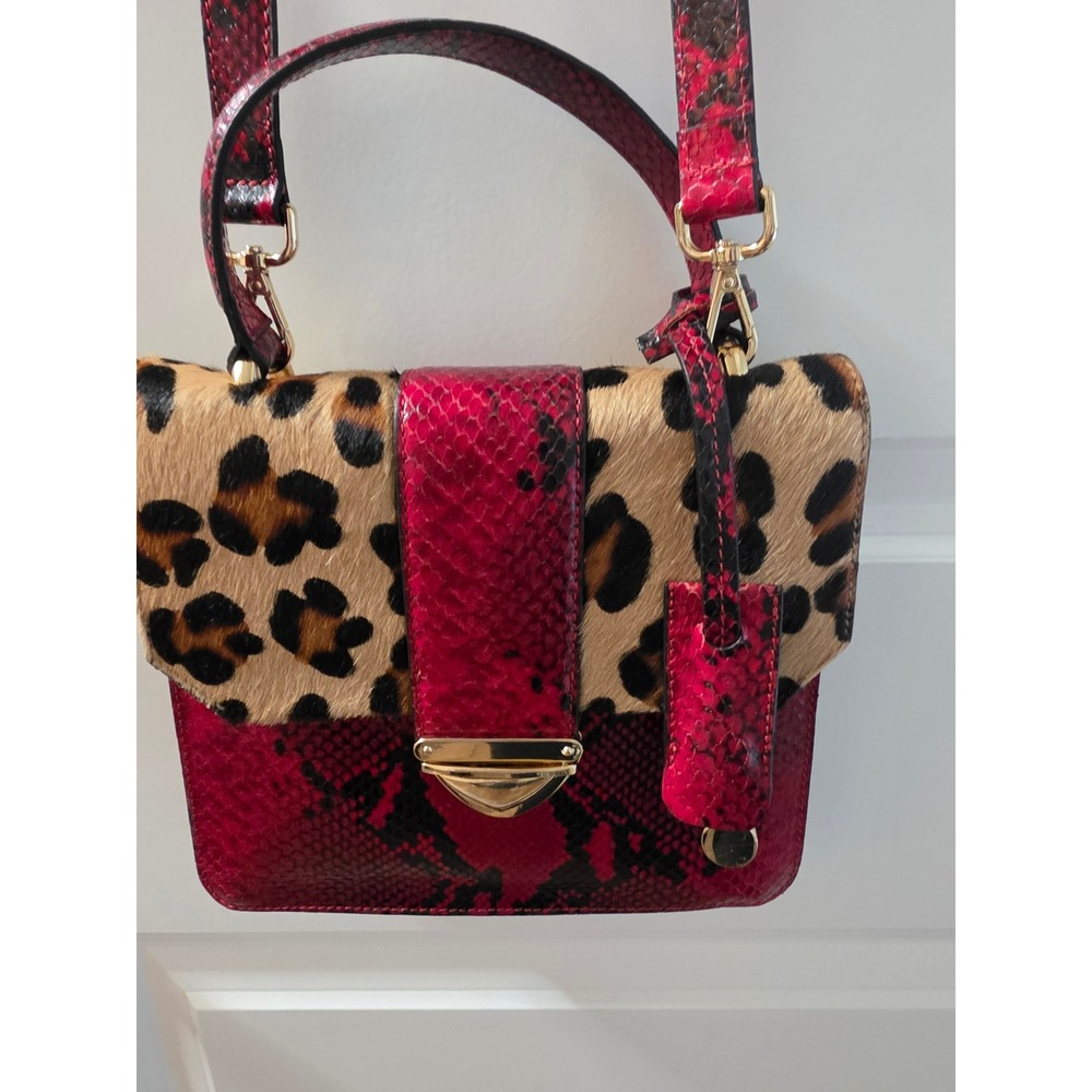 Red Snakeskin and Leopard Calf Hair Crossbody Satchel Bag with Gold Hardware - Picture 3 of 12